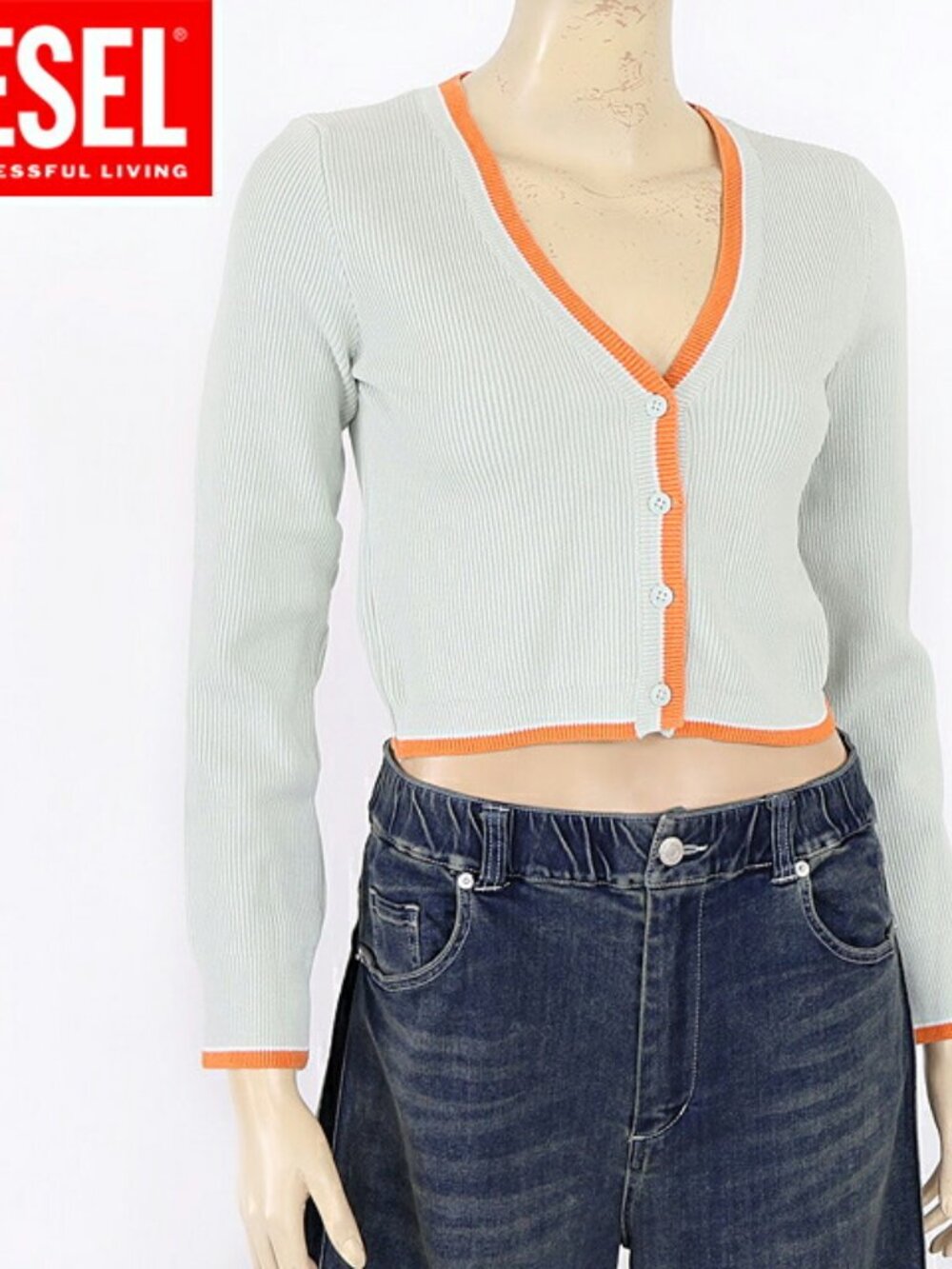 Diesel Arika Button Front Ribbed Stretch Knit Caridgan Womens Medium Grey Orange